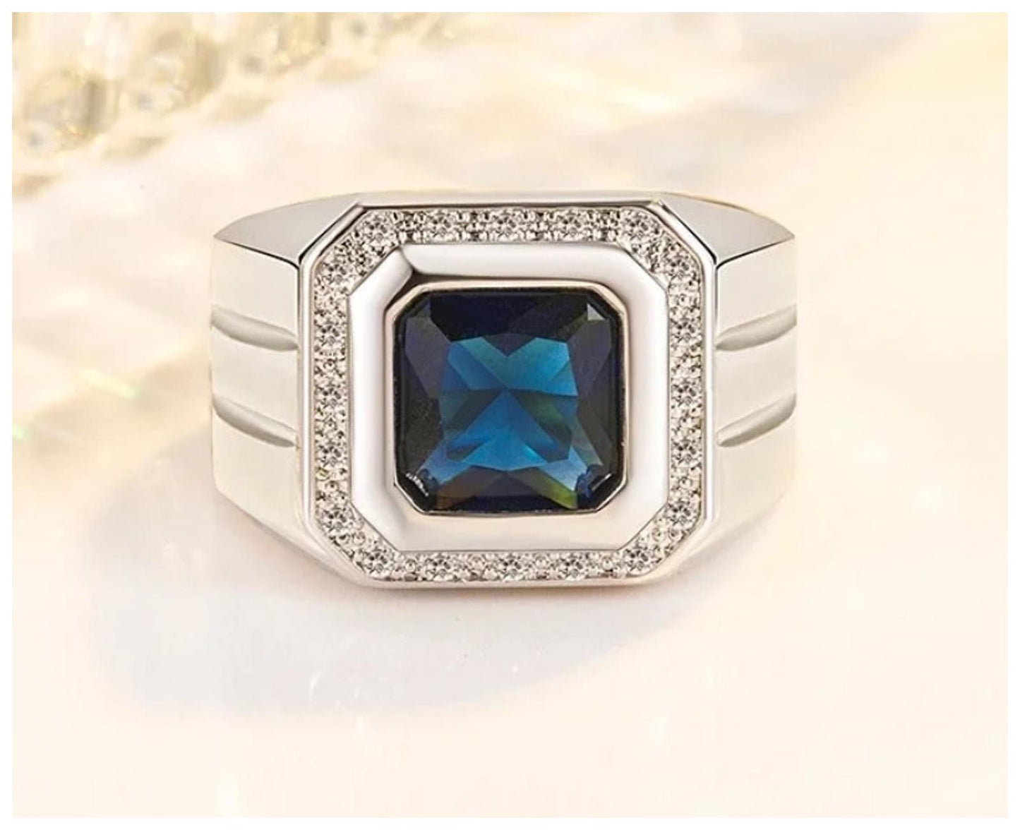 Blue square halo - Ring - Silver - CZs - Size 9