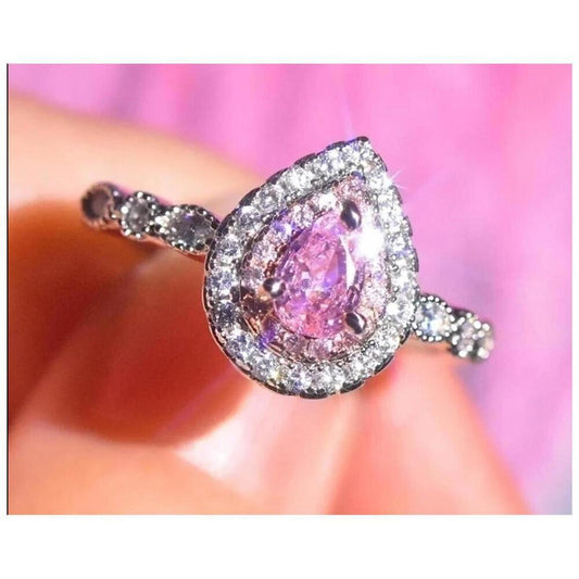 Pink Teardrop double halo ring - silver - CZs- size 7.