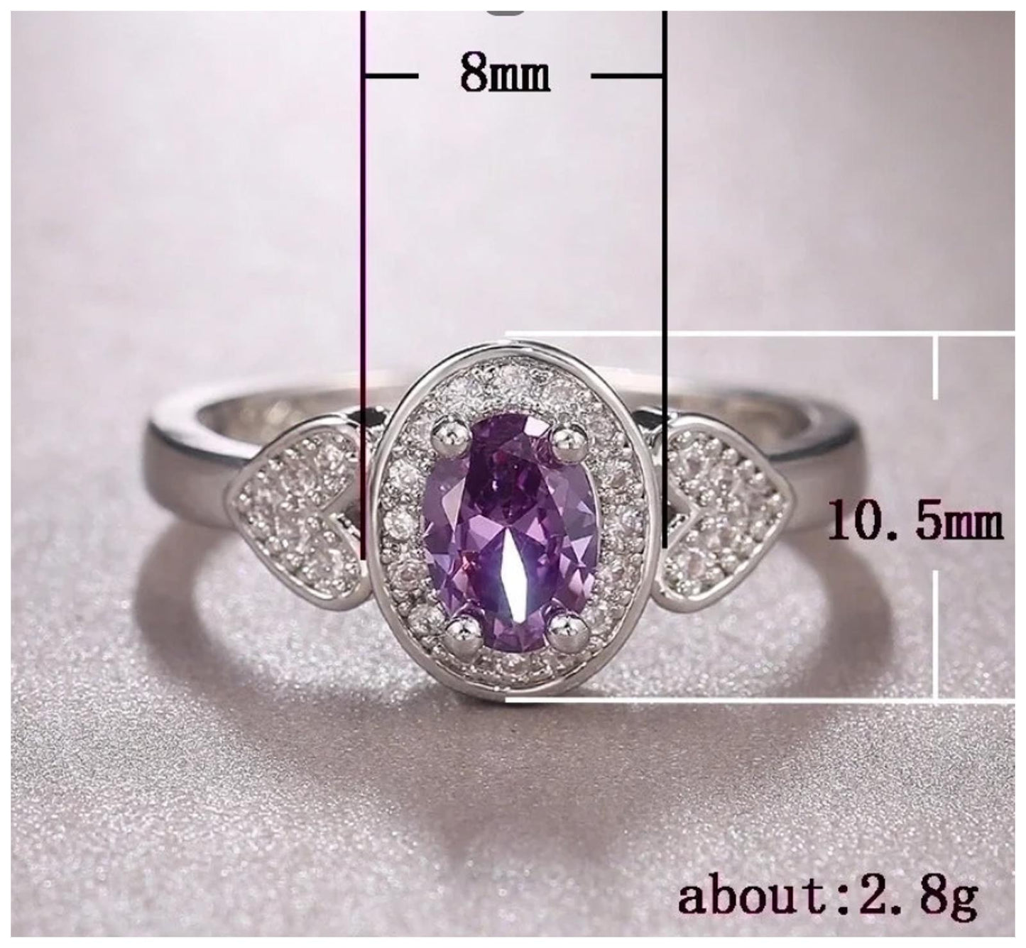 Purple oval and hearts - Ring - Silver - CZs - Size 8