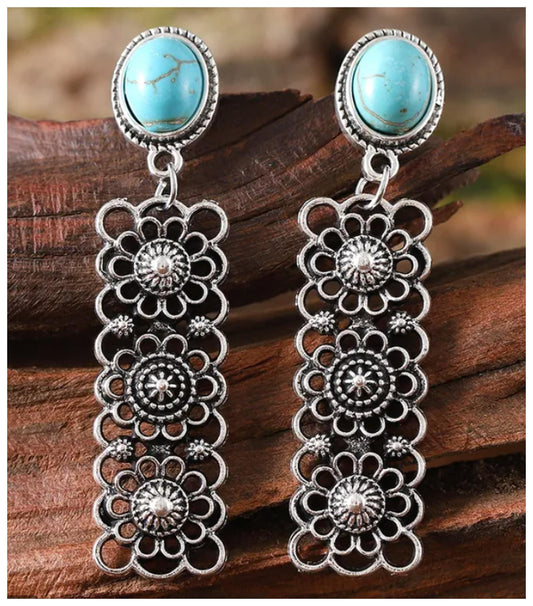 Natural turquoise rectangle retro - Earrings - Gold - 5.6cm