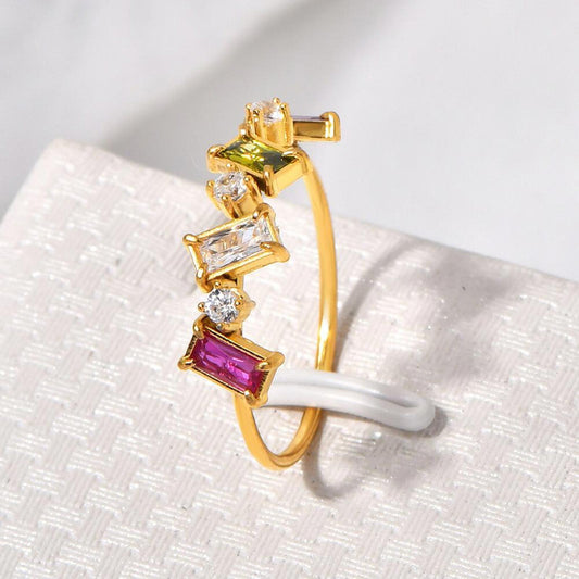 Multicolor rectangle ring - Gold - CZs - size 7