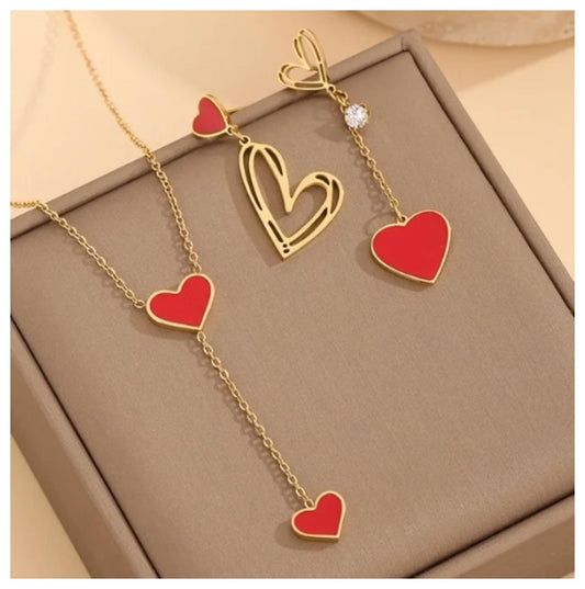 Red hearts Y-shaped - Necklace/Earring set - Gold - CZs - 18"