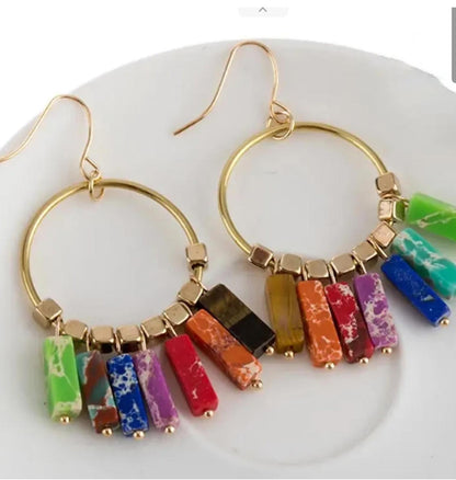 Natural Jasper cuboid multicolor - Earrings - Gold - 2"