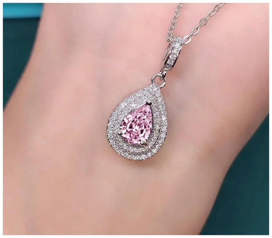 Pink double halo teardrop - Necklace - Silver - CZs - 20"