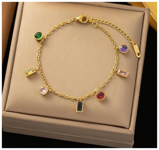 Multicolor round and rectangle charm - Bracelet - Gold - CZs - 6.5-8"