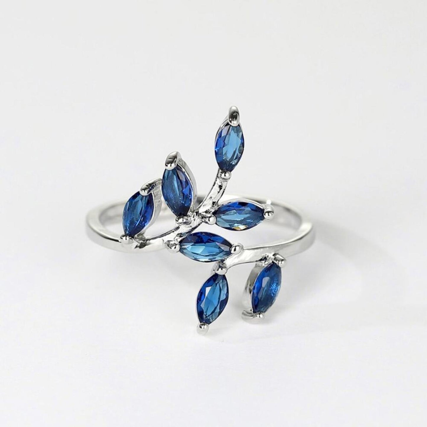 Blue leaf bypass RING - Silver - CZs - size 9
