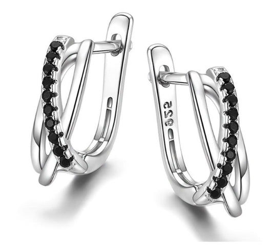 Black crossover hoop Earrings - Silver - CZs - .6"