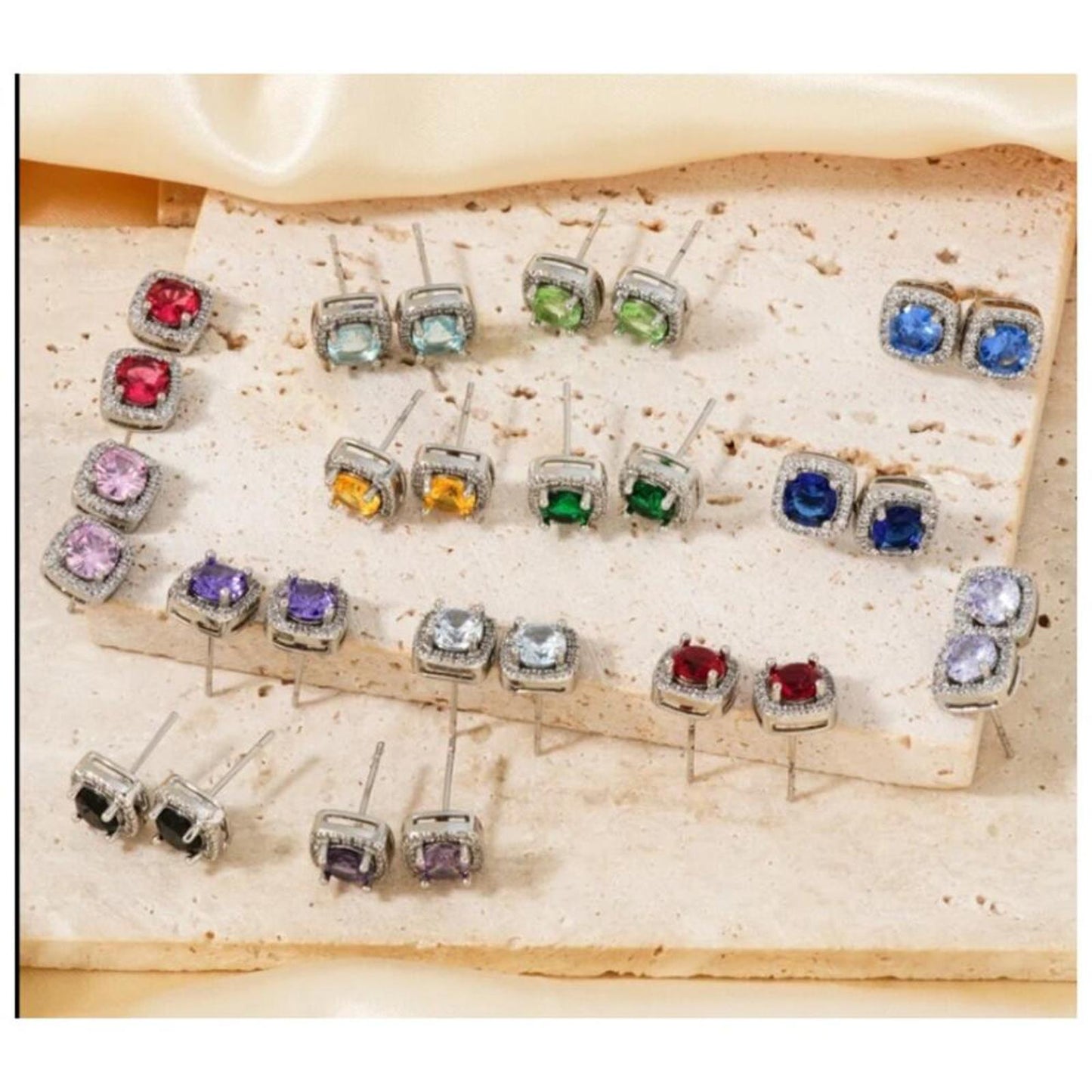 Red Square thin halo Studs - silver - CZs - .9cm