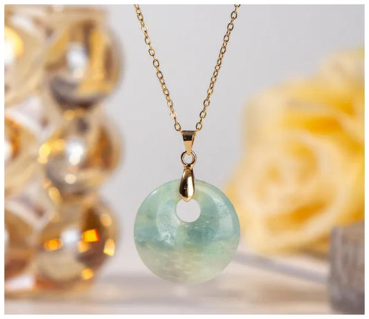 Natural teal blue agate round pendant - Necklace - Gold - 18"