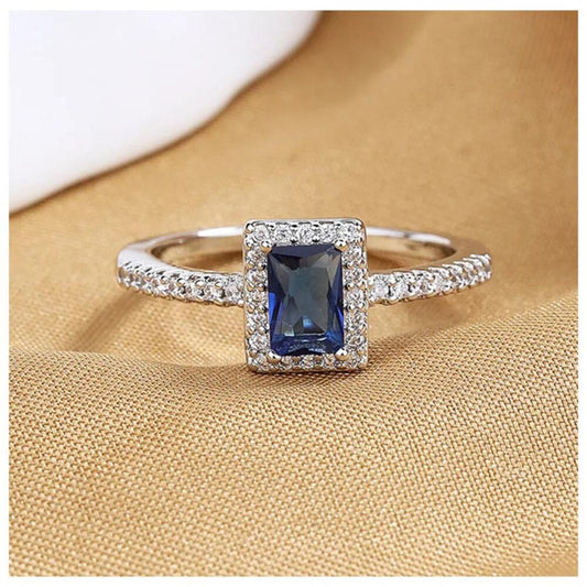 Blue square halo RING - Silver - CZs - size 8
