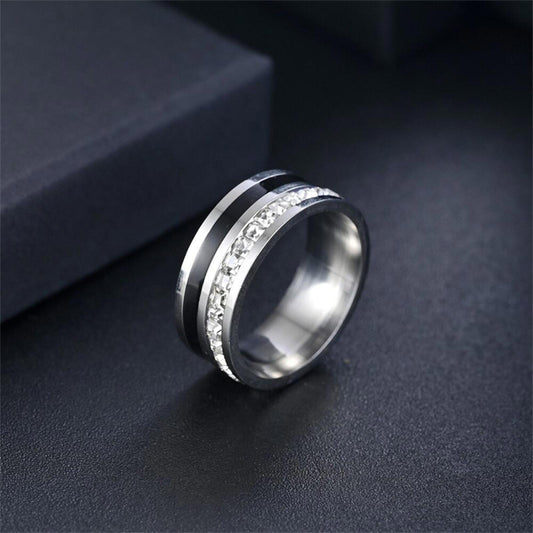 Stainless steel princess cut inlay band RING - Silver - CZs- size 13