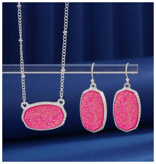 Pink glitter stone - Necklace/Earring set - Silver - CZs - 19"
