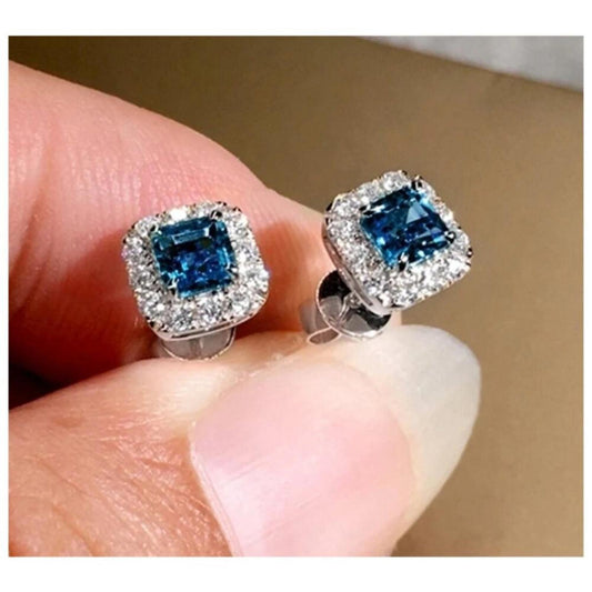 Blue Square halo Studs - silver - CZs - 9mm
