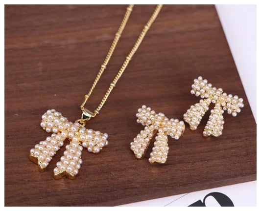 Pearl bows - Necklace/Earring set - Gold - 18"