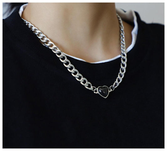 Black Heart Necklace - Titanium Steel - CZs - 18-20"
