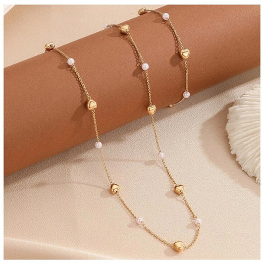 Heart and Pearl Set - Gold - 16-18" Necklace & Bracelet