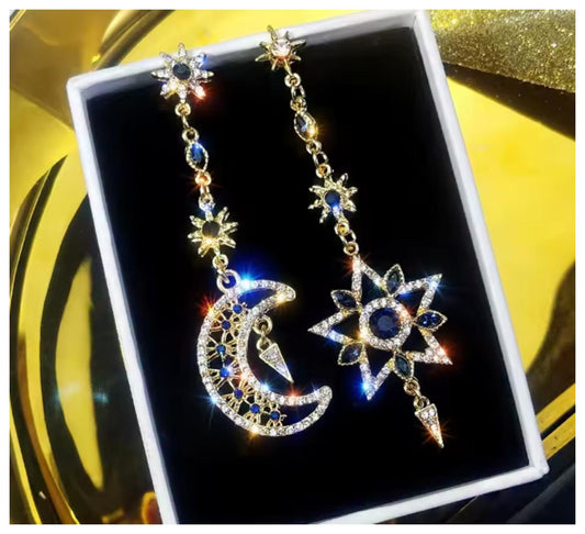 Asymmetric Moon and Star Earrings - Gold - CZs - 2.5"