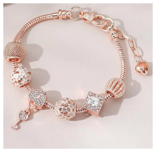 Beaded bangle charm - Bracelet - Rose Gold - CZs - 7-8.5"