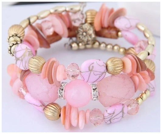 Pink beaded wrap bangle - Bracelet - Gold - CZs