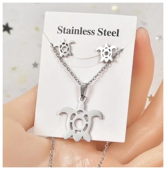 Turtle - Necklace/Earring set - Stainless Steel - 18"