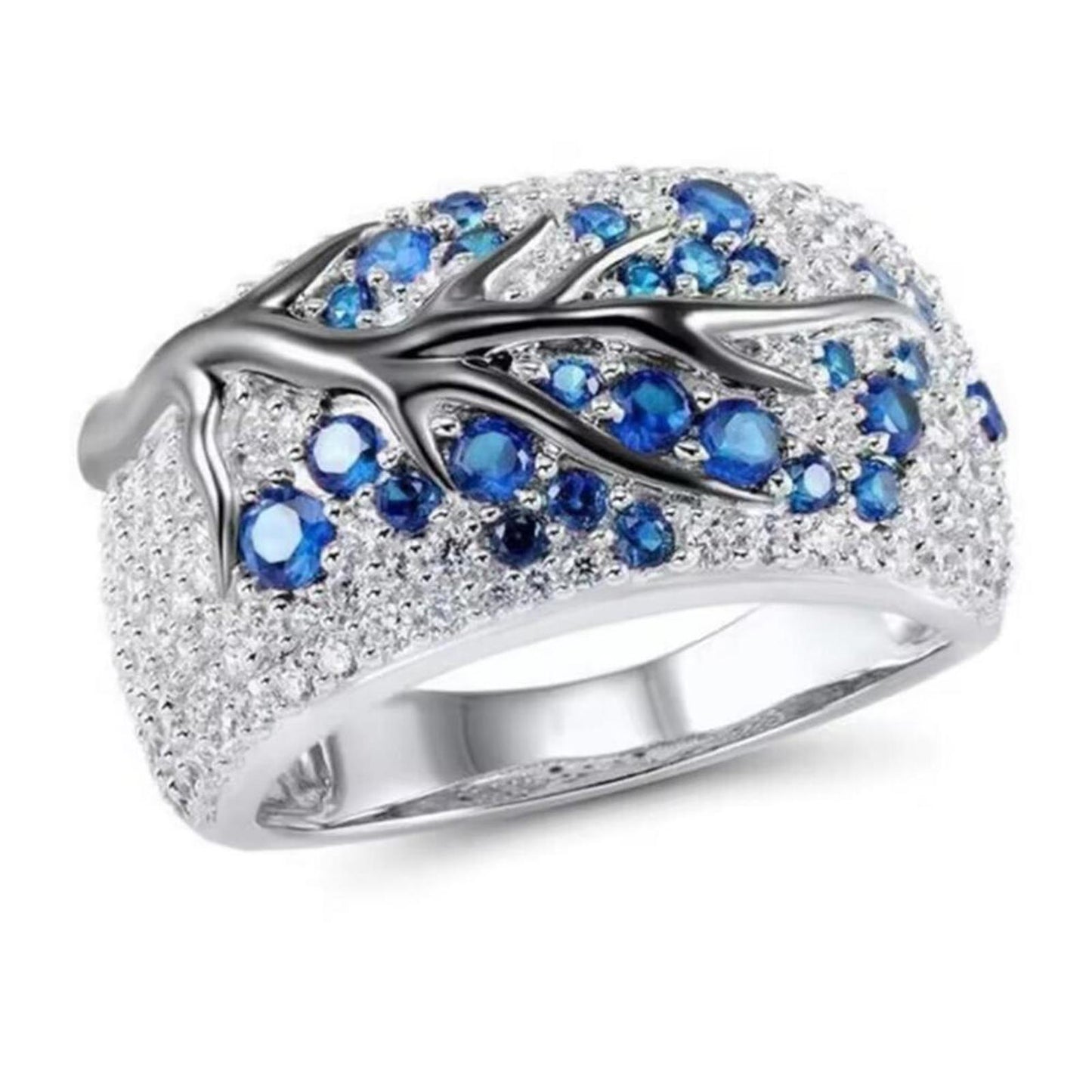 Elegant Silver Tree Branch Ring with Blue Accents - size 6