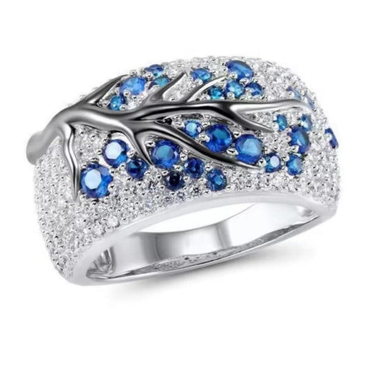 Elegant Silver Tree Branch Ring with Blue Accents - size 6