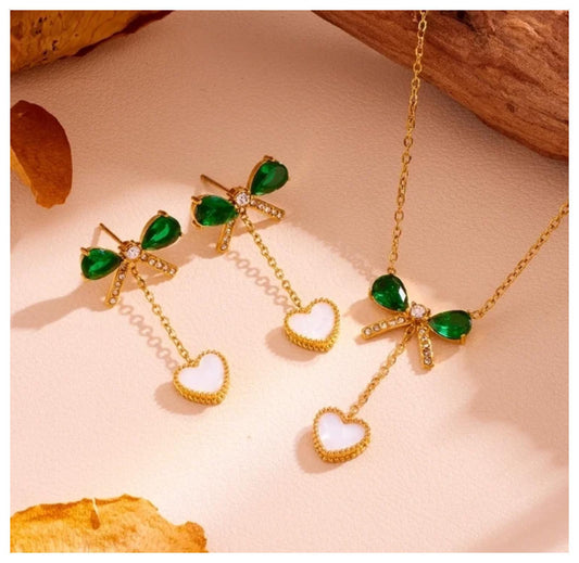 Green and white reversible bow/hearts - Necklace/Earring set - Gold - CZs - 18"