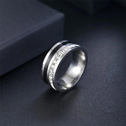 Stainless steel princess cut inlay band RING - Silver - CZs- size 8