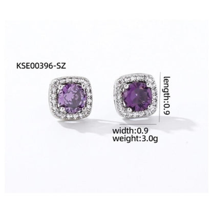 Purple Square thin halo Studs - silver - CZs - .9cm