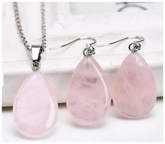 Natural pink quartz - Necklace/Earring set - Silver - 20"