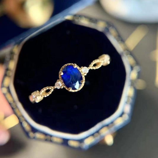 Blue oval vintage style RING - Gold - CZs - size 6