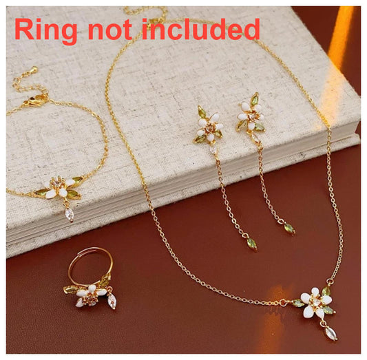 White and green flower - Necklace/Earring/Bracelet set - Gold - CZs - 18"