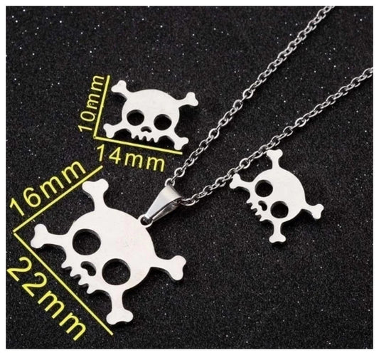 Skull and Crossbones - Necklace/Earring set - Stainless Steel - 18"