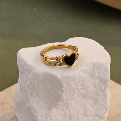 Black heart double layer ring - Gold - CZs - size 8