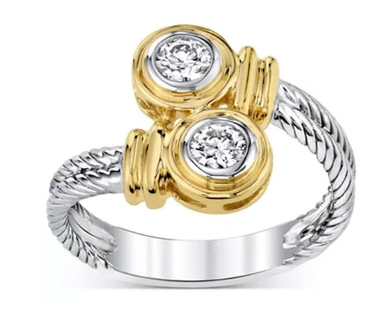 Bypass cable bezel set Ring - Two Tone Silver - CZs - Size 6