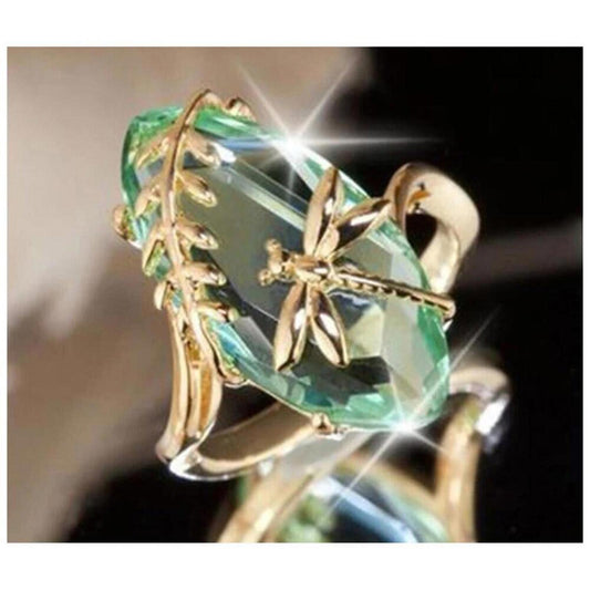 Green dragonfly ring - 18Kgold  plated - CZs - size 10.