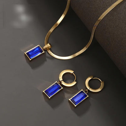 Blue rectangle - Necklace/Earring set - Gold - CZs - 18"