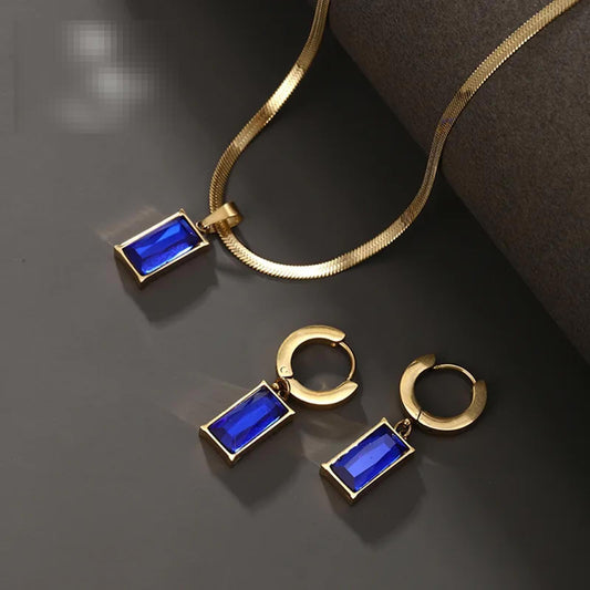 Blue rectangle - Necklace/Earring set - Gold - CZs - 18"