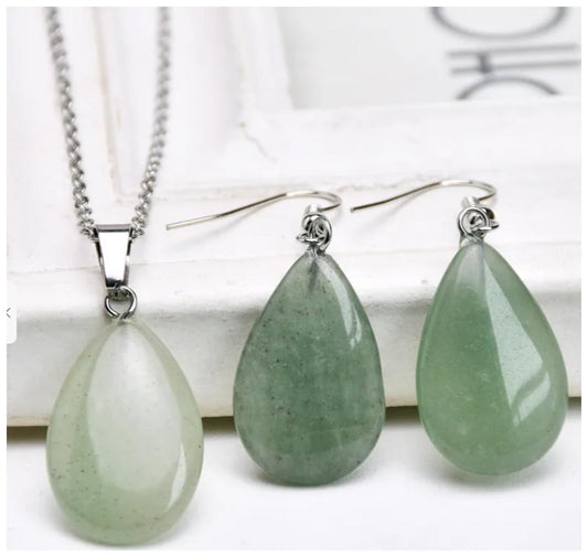 Natural green aventurine - Necklace/Earring set - Silver - 20"
