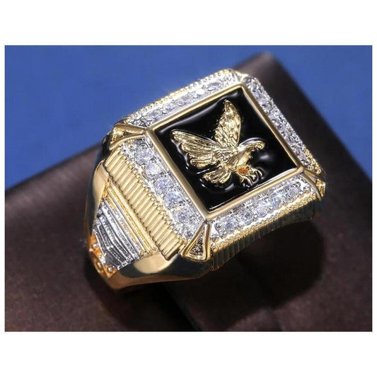 Black Eagle ring - 18K gold plated - enamel and CZ  size 11