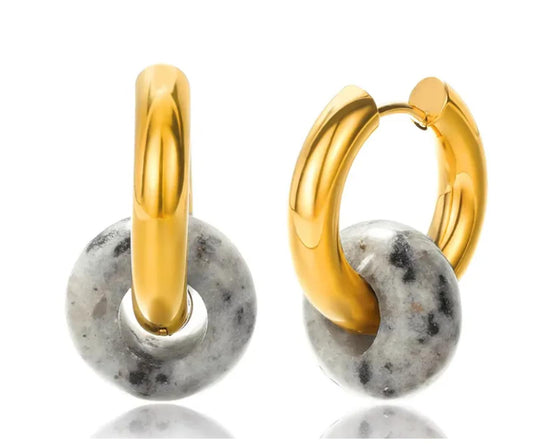 Natural black white agate earrings - Gold - 26mm