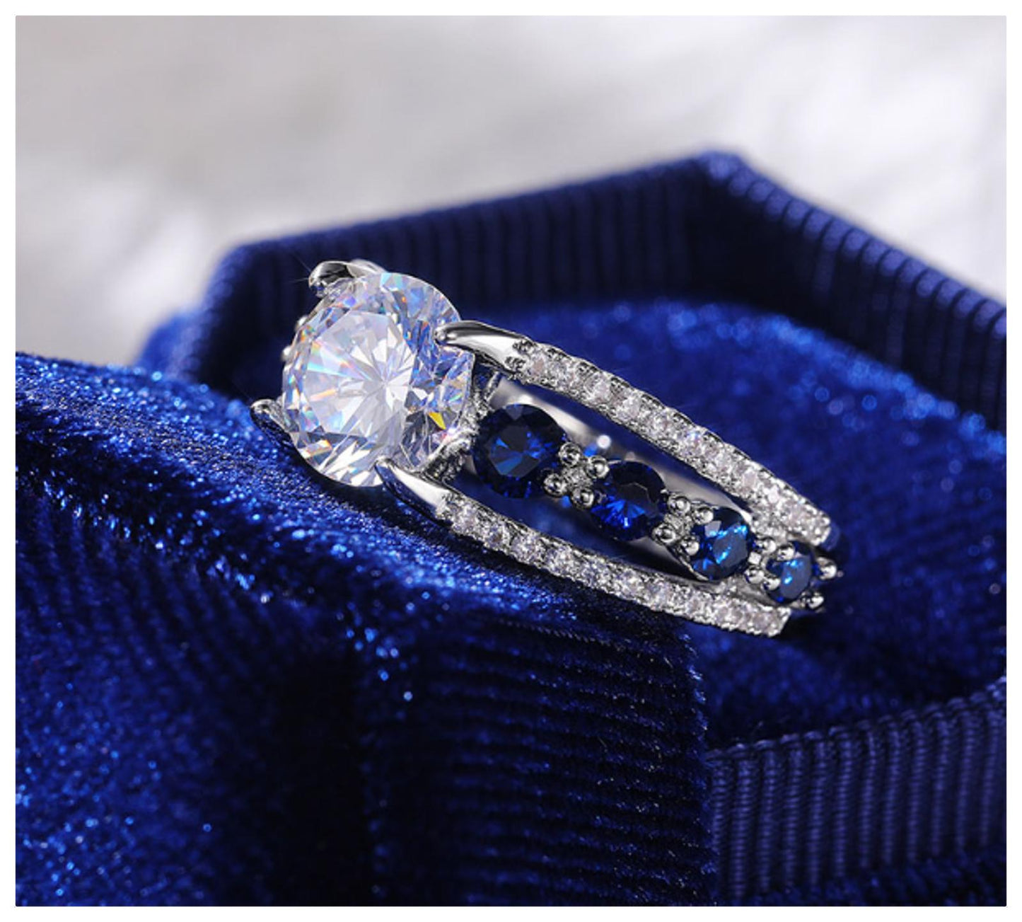 Blue open band round engagement Ring - Silver - CZs - Size 7