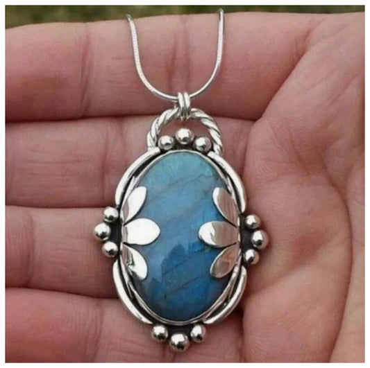 Blue flower oval - Necklace - Silver - 20"
