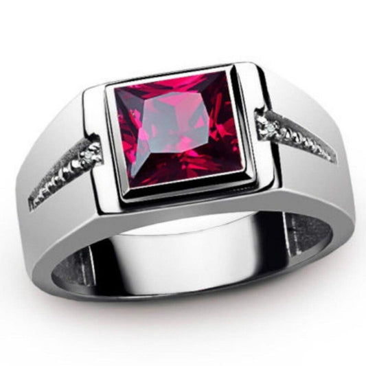Red square with accents RING - Silver - CZs - size 12