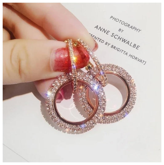 Double O drop - Earrings - Rose Gold - CZs - 1.75"