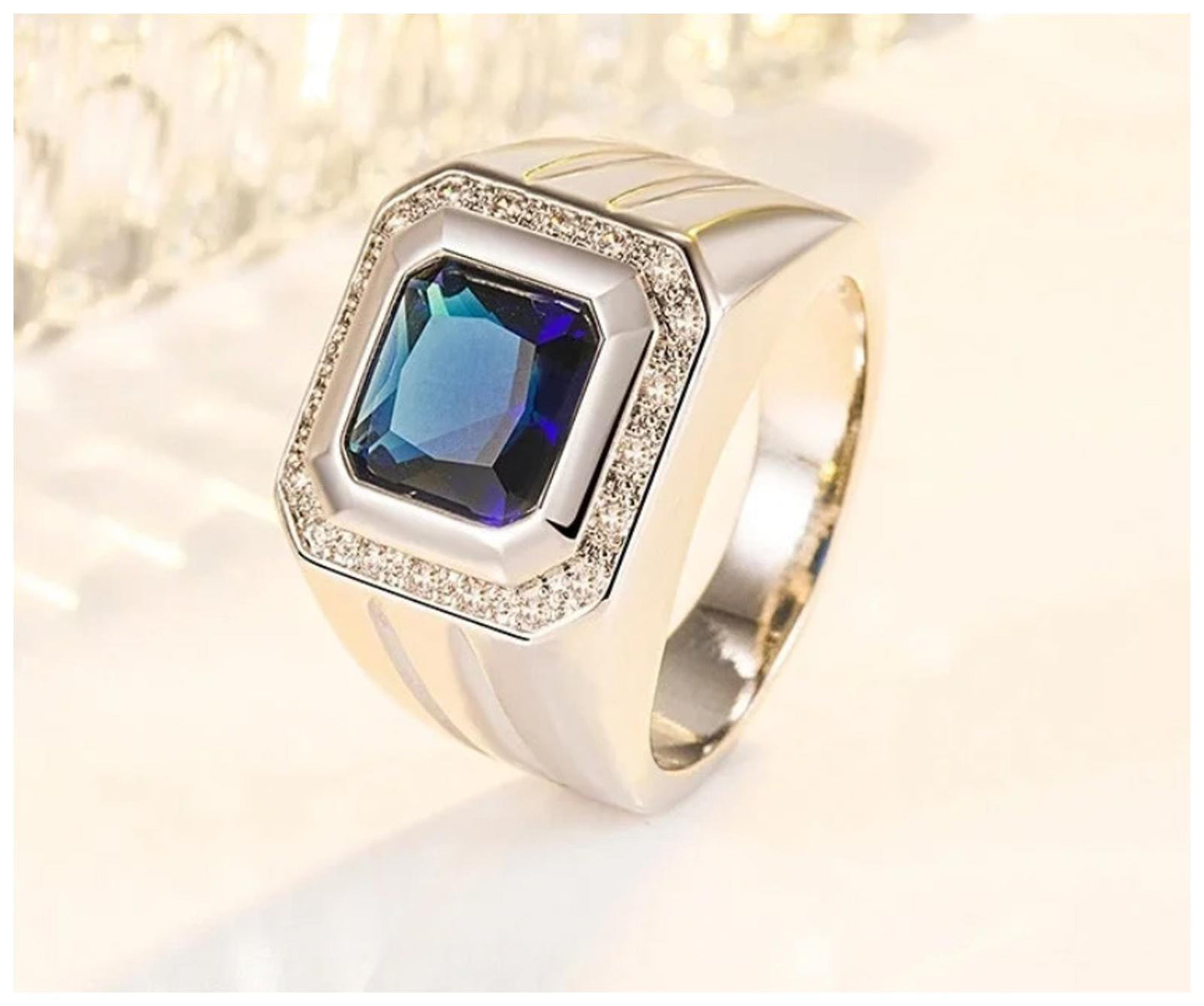 Blue square halo - Ring - Silver - CZs - Size 9