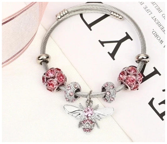 Pink Bee charm - Bangle Bracelet - Silver - CZs