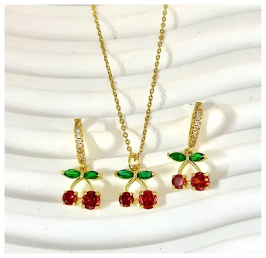Red-orange cherries- Necklace/Earring set - Gold - CZs - 18"
