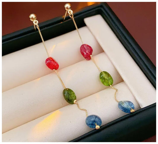 Natural multicolor tassel earrings - Earrings - Gold - 8cm