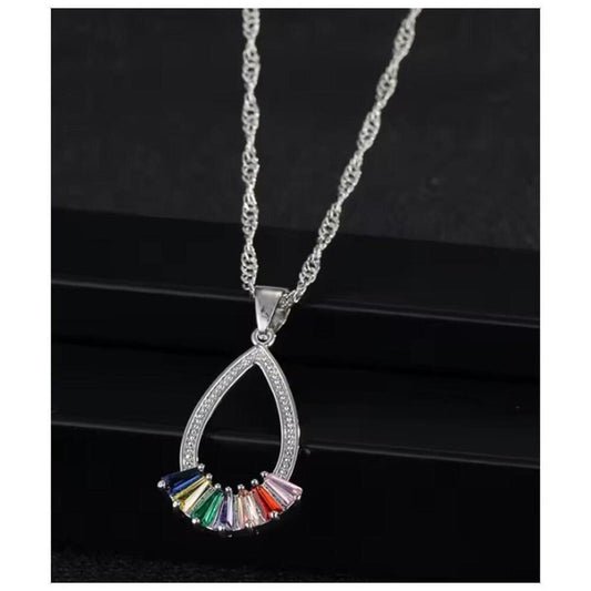 Multi color baguette pendant necklace - silver - CZs - 18"